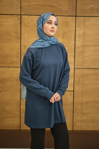 Bisiklet Yaka Omuz Taş Detay Regular Viskon Tunik İndigo Mavi