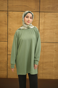Bisiklet Yaka Omuz Taş Detay Regular Viskon Tunik Yeşil