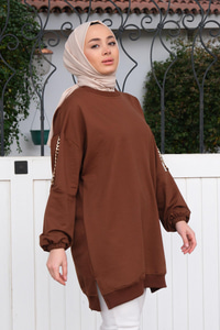 Bisiklet Yaka Omuzları Zincir Detaylı Tunik Kahverengi