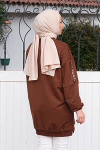 Bisiklet Yaka Omuzları Zincir Detaylı Tunik Kahverengi