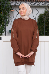 Bisiklet Yaka Omuzları Zincir Detaylı Tunik Kahverengi