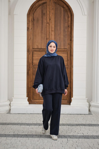 Bisiklet Yaka Oversize İkili Takım Lacivert