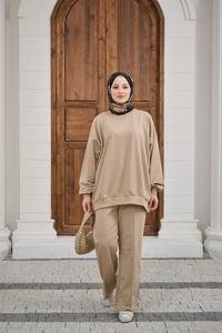 Bisiklet Yaka Oversize İkili Takım Vizon