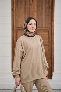 Bisiklet Yaka Oversize İkili Takım Vizon