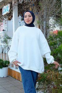 Bisiklet Yaka Oversize Sweat Beyaz