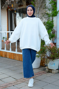 Bisiklet Yaka Oversize Sweat Beyaz