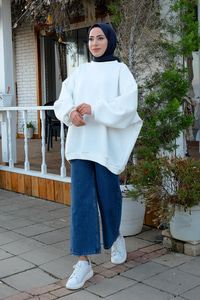 Bisiklet Yaka Oversize Sweat Beyaz