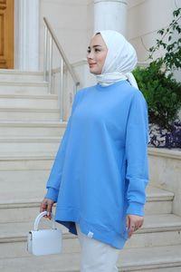 Bisiklet Yaka Oversize Sweat Mavi