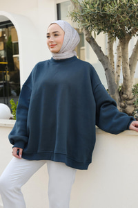 Bisiklet Yaka Oversize Sweat Petrol Mavi