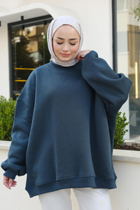 Bisiklet Yaka Oversize Sweat Petrol Mavi