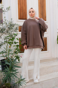 Bisiklet Yaka Oversize Sweat Soğuk Kahve