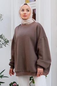 Bisiklet Yaka Oversize Sweat Soğuk Kahve