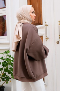 Bisiklet Yaka Oversize Sweat Soğuk Kahve