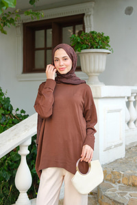 Bisiklet Yaka Oversize Triko Kazak  Kahverengi