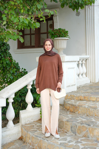 Bisiklet Yaka Oversize Triko Kazak  Kahverengi