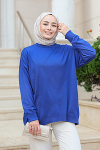 Bisiklet Yaka Oversize Triko Kazak Saks Mavi