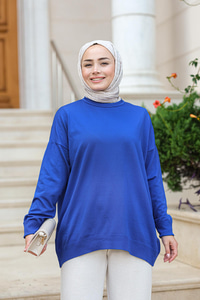 Bisiklet Yaka Oversize Triko Kazak Saks Mavi