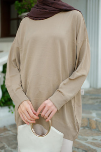 Bisiklet Yaka Oversize Triko Kazak  Vizon