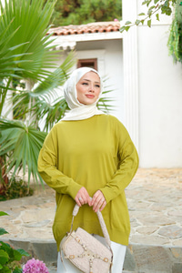 Bisiklet Yaka Oversize Triko Kazak  Yağ Yeşil