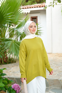 Bisiklet Yaka Oversize Triko Kazak  Yağ Yeşil