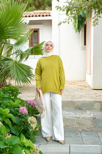 Bisiklet Yaka Oversize Triko Kazak  Yağ Yeşil