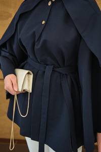 Bisiklet Yaka Pelerin Detay Geniş Kollu Çıtçıtlı Astarlı Regular Gabardin Trenç Lacivert