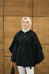 Bisiklet Yaka Pelerin Detay Geniş Kollu Çıtçıtlı Astarlı Regular Gabardin Trenç Siyah