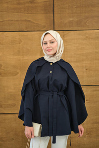 Bisiklet Yaka Pelerin Detay Geniş Kollu Çıtçıtlı Astarlı Regular Gabardin Trenç Lacivert