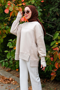 Bisiklet Yaka Sweat Krem