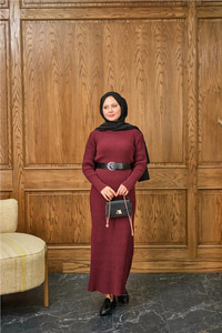 Bisiklet Yaka Triko Elbise Bordo