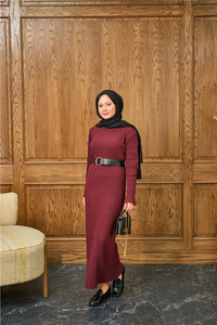 Bisiklet Yaka Triko Elbise Bordo