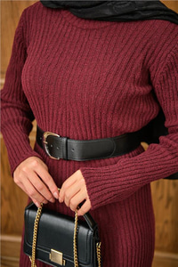 Bisiklet Yaka Triko Elbise Bordo