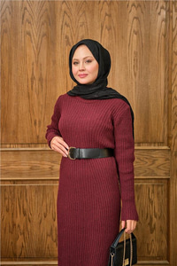 Bisiklet Yaka Triko Elbise Bordo