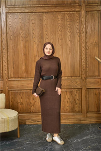 Bisiklet Yaka Triko Elbise Kahverengi