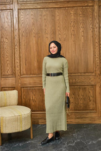 Bisiklet Yaka Triko Elbise Küf Yeşil