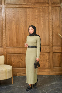 Bisiklet Yaka Triko Elbise Küf Yeşil