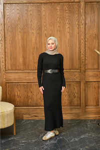 Bisiklet Yaka Triko Elbise Siyah