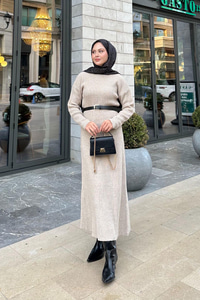 Bisiklet Yaka Triko Elbise Taş