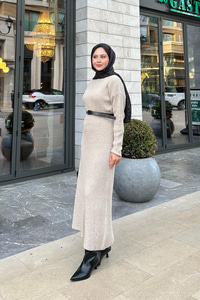 Bisiklet Yaka Triko Elbise Taş