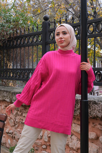 Bisiklet Yaka Triko Kazak Fuşya