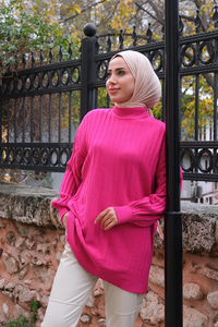 Bisiklet Yaka Triko Kazak Fuşya