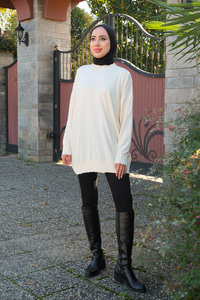 Bisiklet Yaka Triko Kazak Krem