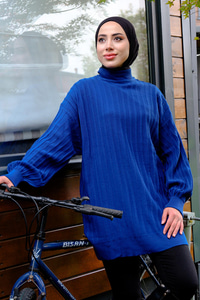 Bisiklet Yaka Triko Kazak Saks Mavi