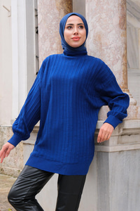 Bisiklet Yaka Triko Kazak Saks Mavi