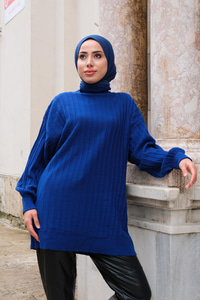 Bisiklet Yaka Triko Kazak Saks Mavi