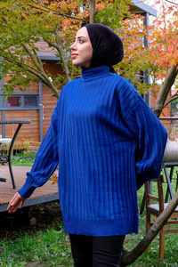 Bisiklet Yaka Triko Kazak Saks Mavi