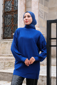 Bisiklet Yaka Triko Kazak Saks Mavi