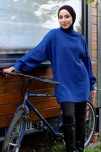 Bisiklet Yaka Triko Kazak Saks Mavi