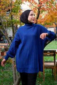 Bisiklet Yaka Triko Kazak Saks Mavi