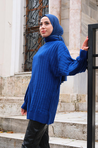 Bisiklet Yaka Triko Kazak Saks Mavi